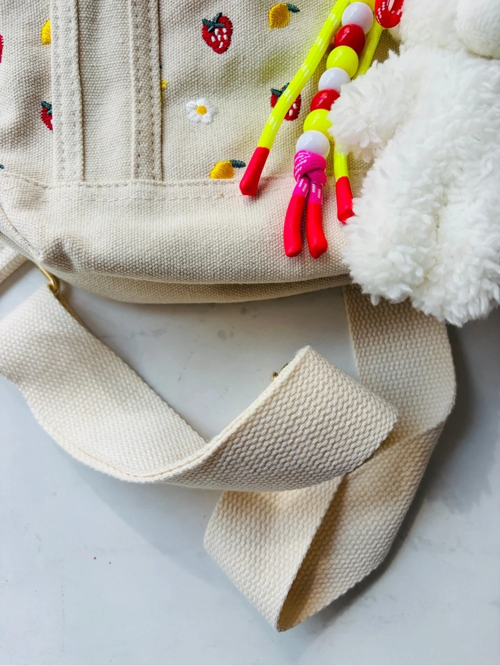 NWT Madden Girl Embroidered Canvas Mini Tote with Bag Charms, Strawberry & Lemon